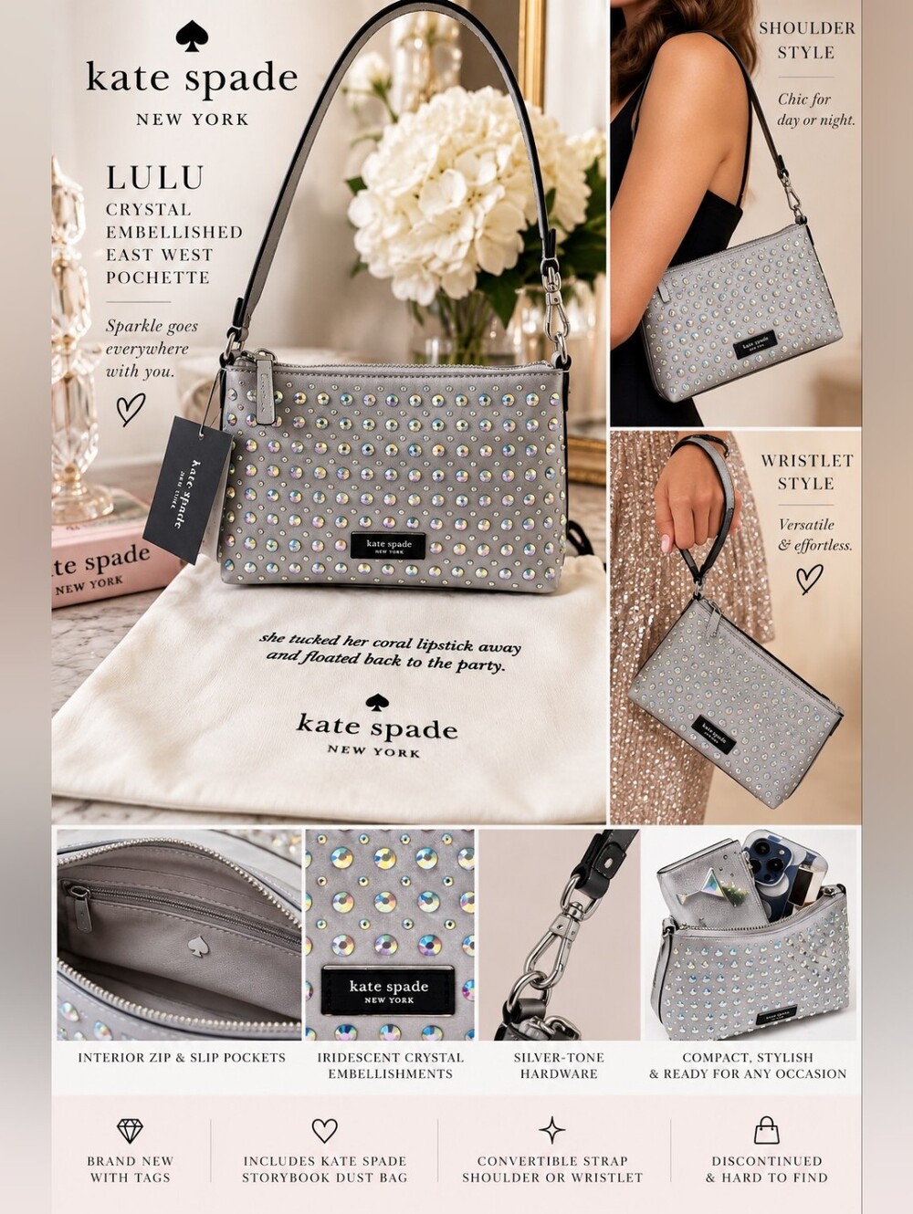Kate Spade Lulu Crystal Embellished Pochette NWT + Storybook Dust Bag